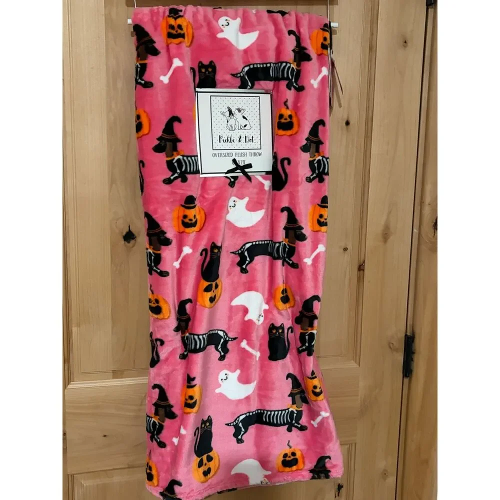 Pickle & Dot Pink Halloween Skeleton Dachshund Plush Throw Blanket 60